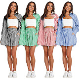 Women Shirt Striped Long Sleeve Two-piece Shorts Set SSN-211032