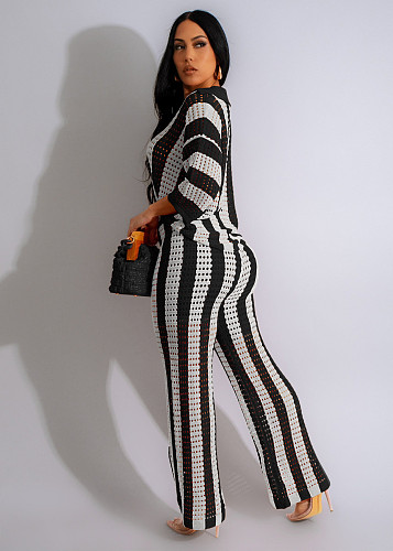 V-neck Hollowed Out Striped Lapel Knitted Wide Pants Set ZS-G0318