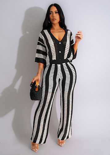 V-neck Hollowed Out Striped Lapel Knitted Wide Pants Set ZS-G0318