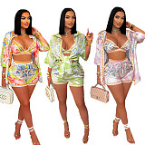 Casual Printed Beach Swimsuit Wrap-around Shirt Shorts Three-piece Set