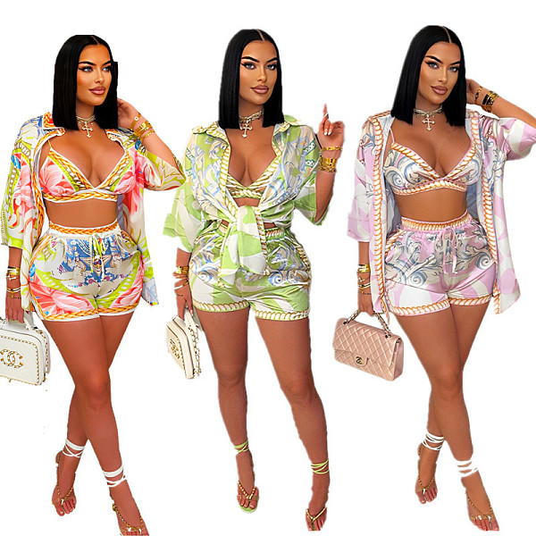 Casual Printed Beach Swimsuit Wrap-around Shirt Shorts Three-piece Set