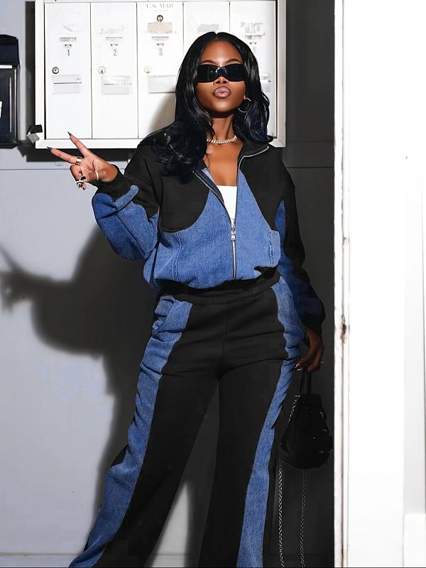 Autumn Winter New Women Denim Patchwork Suit Coat Trousers Two-piece SH-391297