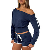 Casual Off-shoulder Long Sleeve Elastic Shorts Two Pieces  ASL-6803