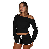 Casual Off-shoulder Long Sleeve Elastic Shorts Two Pieces  ASL-6803