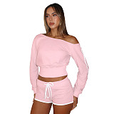 Casual Off-shoulder Long Sleeve Elastic Shorts Two Pieces  ASL-6803