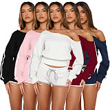 Casual Off-shoulder Long Sleeve Elastic Shorts Two Pieces  ASL-6803