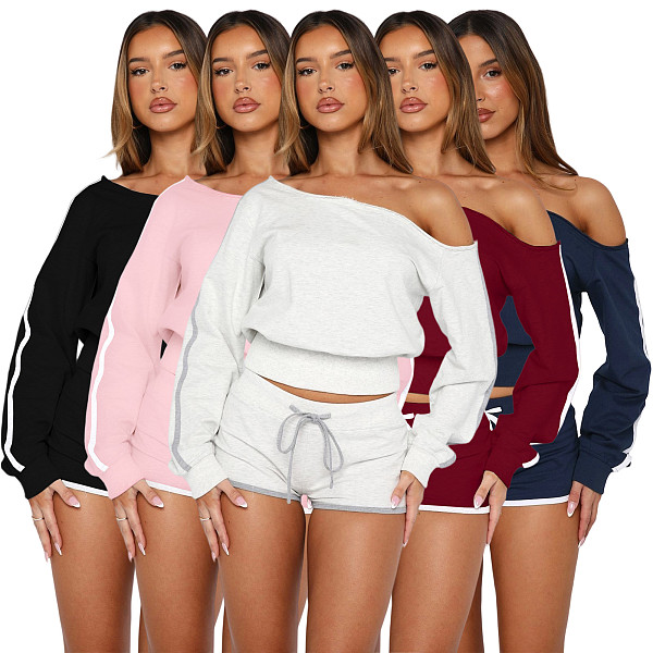 Casual Off-shoulder Long Sleeve Elastic Shorts Two Pieces ASL-6803
