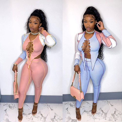Sexy Chest Bandage Irregular Color-blocked High Elastic Two-piece Set BN-9295