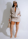 Winter Solid Long-sleeved PU Leather Casual Anti-wrinkle Lapel Skirt Set RC-3309