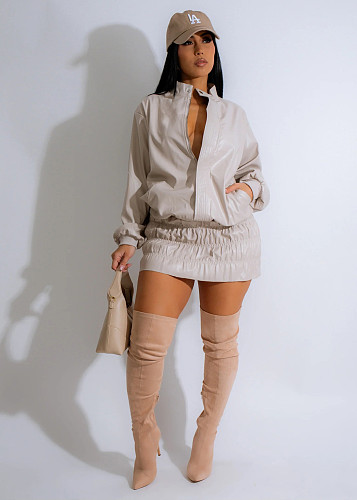 Winter Solid Long-sleeved PU Leather Casual Anti-wrinkle Lapel Skirt Set RC-3309