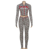 New Leopard Print Top Zipper Stitching Sporty Tight Trousers Two Pieces DLS-K25S80683