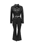 Black Leather Short Jacket Cardigan Sport Long Pants Set LSD-2257