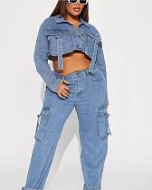 Two-piece Pockets Workwear Denim Cropped Jacket And Trousers Set RS-9849