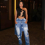 Loose Straight-leg Jeans Denim Patchwork Macaw-cut Decorations LSD-2525
