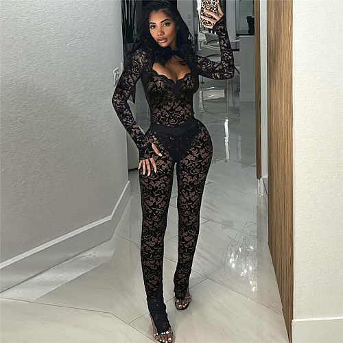 Sexy Hot Girl Lace Cutout See-through Bodysuit Leggings Set ZJQD-K24S57803