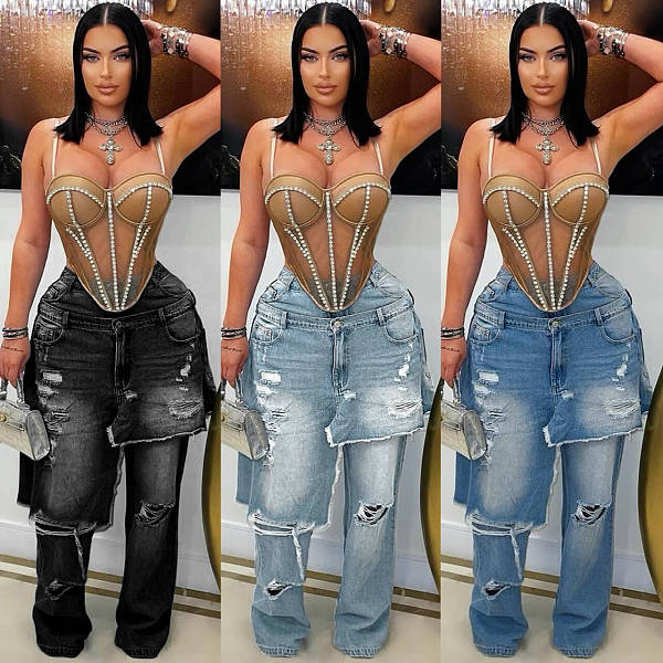 Loose Straight-leg Jeans Denim Patchwork Macaw-cut Decorations LSD-2525