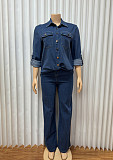 Lapel Pockets Cardigan Long-sleeved Top Straight Leg Pants Suit RS-6570