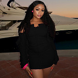 Pleated Wrap Hip Ruffles Strap Long-sleeved Short Dress JY-302279