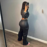 Black Leather Short Jacket Cardigan Sport Long Pants Set LSD-2257