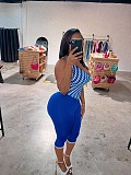 Blue White Chess Board Single-shoulder Top Tight Cycling Shorts Two-piece Set BG-258303