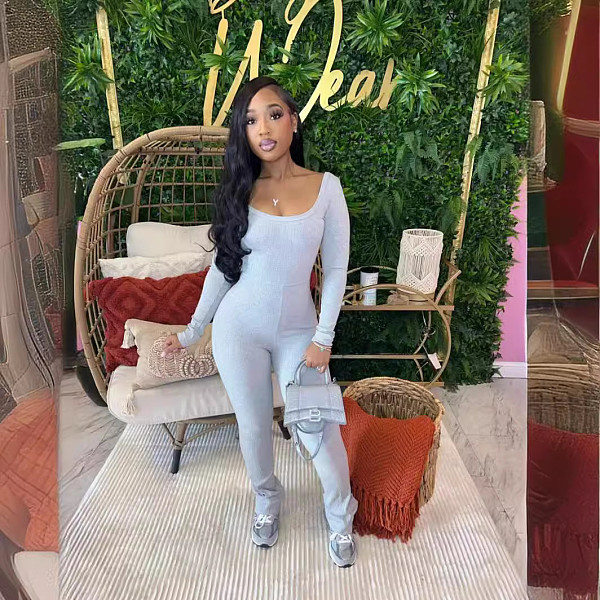 Gray Solid Sexy Woman Small Pit Strip Jumpsuit BG-55008