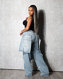 Loose Straight-leg Jeans Denim Patchwork Macaw-cut Decorations LSD-2525