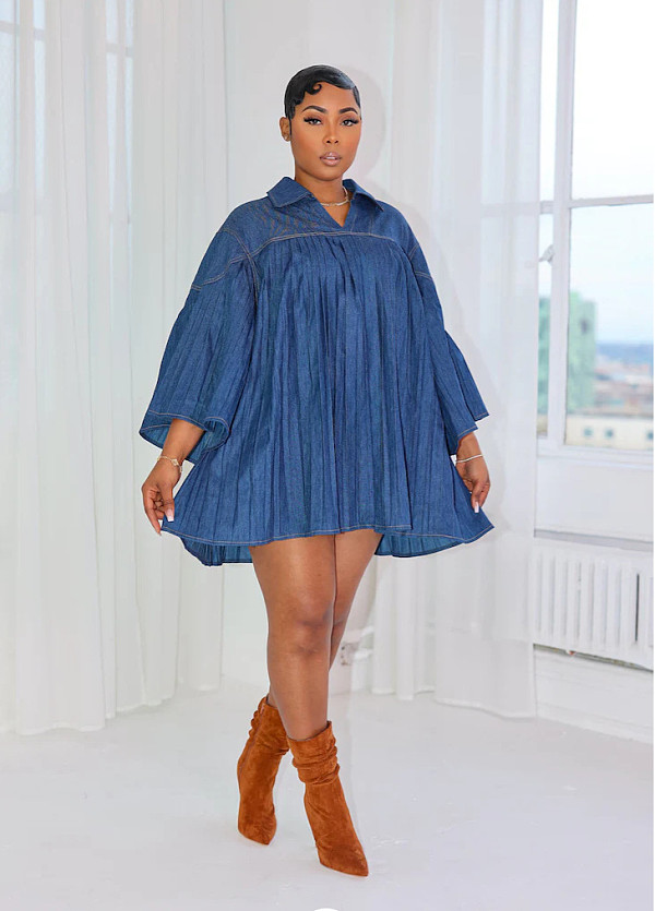 Fashion Loose Denim Pleated Women Mini Skate Dress RC-3332