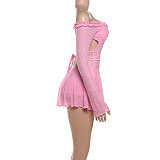One-shoulder Cutout Lace Up Slimming Bodysuit Mini Dress Pink ZJQD-K24Q57218