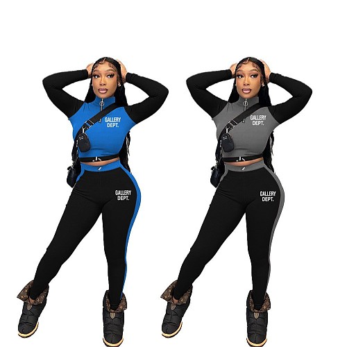Zipper Neck Long Sleeve Tight Cropped Top Trouser Two Pieces FC-1279