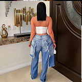 Loose Straight-leg Jeans Denim Patchwork Macaw-cut Decorations LSD-2525