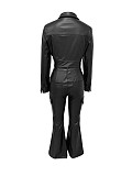 Black Leather Short Jacket Cardigan Sport Long Pants Set LSD-2257