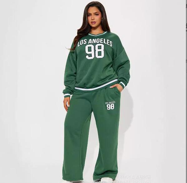 Green Letter Print Loose Sporty Sweatshirt Set BG-5038