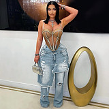 Loose Straight-leg Jeans Denim Patchwork Macaw-cut Decorations LSD-2525