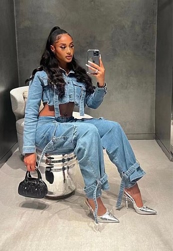 Two-piece Pockets Workwear Denim Cropped Jacket And Trousers Set RS-9849