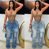 Loose Straight-leg Jeans Denim Patchwork Macaw-cut Decorations LSD-2525