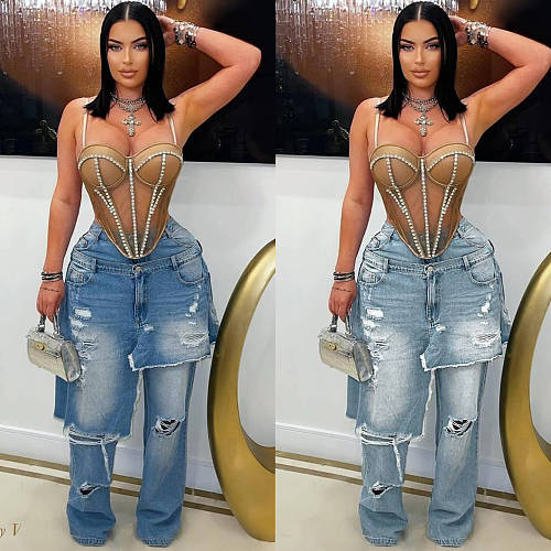 Loose Straight-leg Jeans Denim Patchwork Macaw-cut Decorations LSD-2525