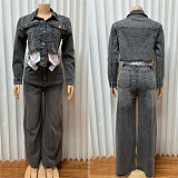 Fashion Pockets Sexy Short Jacket And Loose Long Pants Suit For Women RS-6518