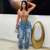 Loose Straight-leg Jeans Denim Patchwork Macaw-cut Decorations LSD-2525