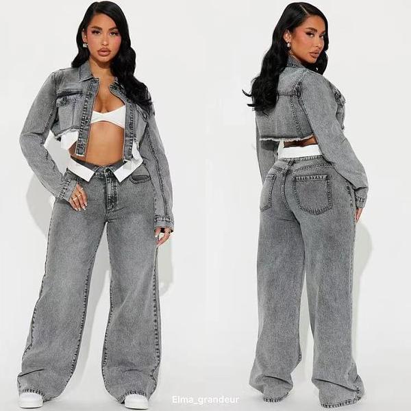 Fashion Pockets Sexy Short Jacket And Loose Long Pants Suit For Women RS-6518