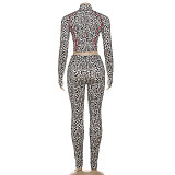 New Leopard Print Top Zipper Stitching Sporty Tight Trousers Two Pieces DLS-K25S80683