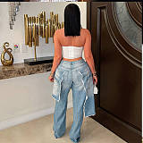 Loose Straight-leg Jeans Denim Patchwork Macaw-cut Decorations LSD-2525