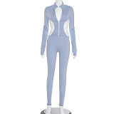 Sporty Polyester Round Neck Patchwork Color Contrast Long Sleeve Two-piece Pants Set DZHT-350