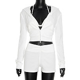 Sexy Triangle Cup Hooded Long-sleeved Jacket and Shorts Three-piece Suit DZHT-348