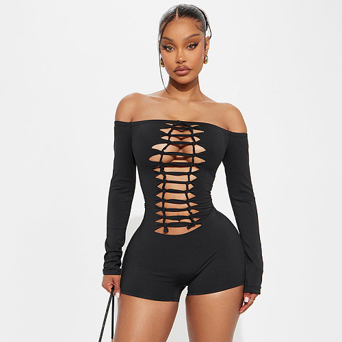 Sexy One-shoulder Burnt Flower Braided Straps Hollow Long-sleeved Tight Jumpsuit Shorts DZHT-291
