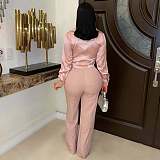 Two-piece Set Of Satin Tie-strap Long-sleeved Shirt Slim-fit Elastic Rhinestone Trousers DM-2533