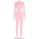 Sporty Polyester Round Neck Patchwork Color Contrast Long Sleeve Two-piece Pants Set DZHT-350