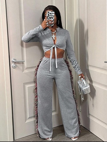 New Sexy Street Trend Navel-baring Long-sleeved Tassel Trousers Casual Suit XINH-80913