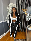 Casual Stripe Contrast Zipper Collar Long Sleeve Two Pieces XRB-10161