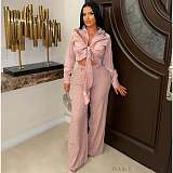 Two-piece Set Of Satin Tie-strap Long-sleeved Shirt Slim-fit Elastic Rhinestone Trousers DM-2533