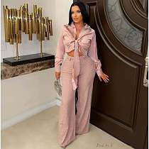 Two-piece Set Of Satin Tie-strap Long-sleeved Shirt Slim-fit Elastic Rhinestone Trousers DM-2533